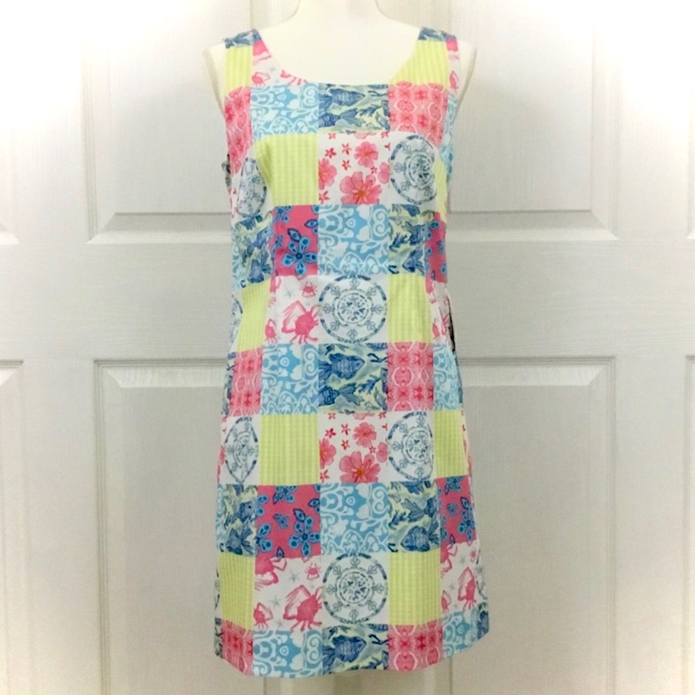 Kaeli Smith Resort Wear Sleeveless Patchwork Print Shift Dress. - Picture 2 of 11